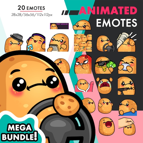 Mega Animated Potato Emotes Pack, 20 Cute Potato Steer, Bobble, Aim Emote Set For Twitch Streamers