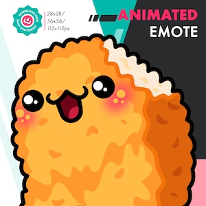 May include: Animated emote of a smiling, orange, cartoon chicken nugget with a white, fluffy top. The nugget has large, black eyes and a wide, open mouth. The nugget is blushing pink on its cheeks.