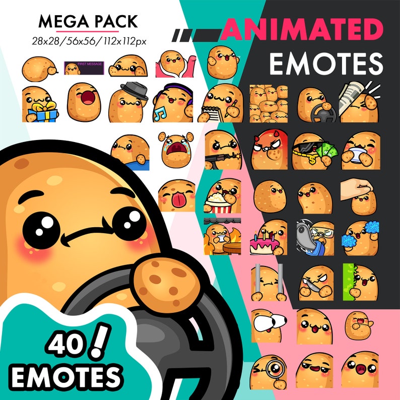 40 Animated Potato Emotes Pack, Mega Cute Potato Steer, Wiggle, Spray ...