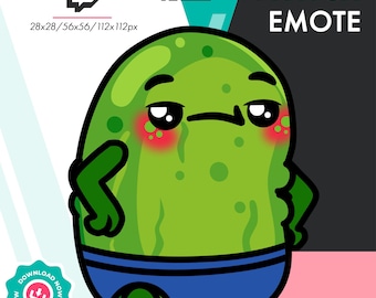 May include: Green cartoon character with a blue and black underwear, blushing red on the cheeks, with a sad expression. The character is standing on a pink and black background with the text "TWITCH EMOTE" in white.