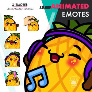 Puede incluir: Emoticonos animados con una piña de dibujos animados con varias expresiones. Los emoticonos incluyen una piña con auriculares, sosteniendo sables de luz y otros diseños bonitos. Se muestra el texto "5 Emotes" y "Animated Emotes".