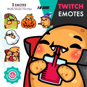 May include: Five Halloween-themed Twitch emotes featuring a cartoon potato character dressed as a zombie, pumpkin, witch, ghost, and vampire. The emotes are available in various sizes, including 28x28, 56x56, and 112x112 pixels.