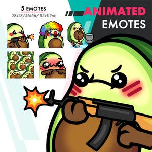 Animated Avocado Emotes Pack 2, 5 Cute Avocado Raid, Clean, Clown Emote Set For Twitch Streamers