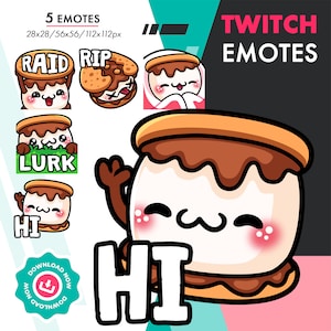 Smores-emotepakket, schattige 5 Twitch Marshmallow Raid, Lurk, Rip-emoteset voor streamers