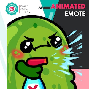 May include: A green cartoon character with a red spray bottle, spraying a blue mist. The character has a grumpy expression with big eyes and a frown. The text "ANIMATED EMOTE" is in the background.