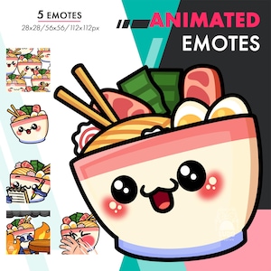 Puede incluir: Emoticonos animados con un cuenco de ramen lindo con una cara sonriente, palillos y varios ingredientes. La imagen incluye el texto "5 Emotes" y "Animated Emotes" con tamaños 28x28, 56x56 y 112x112px.