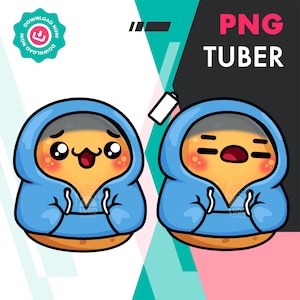 May include: Two cartoon characters wearing blue hoodies. One character is smiling with its mouth open, and the other has a neutral expression. The text "PNG TUBER" is in the upper right corner. A download now button is in the upper left corner.