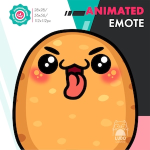 Op de afbeelding: Geanimeerde emote met een cartoon aardappel met een boze uitdrukking. De aardappel is lichtbruin met kleine vlekken, roze wangen en een rode tong. Tekst bevat "ANIMATED EMOTE" en downloadopties.