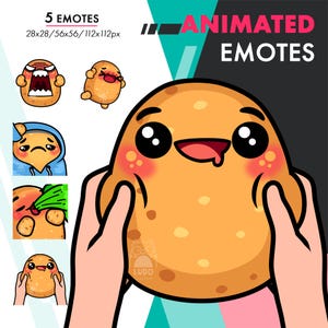 Animated Potato Emotes Pack 16, 5 Cute Potato Squish Face, Rage, Hoodie Emote Set For Streamers