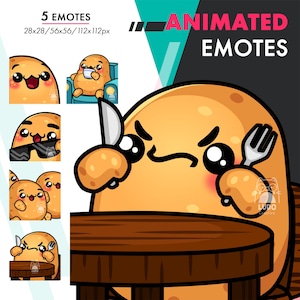 Pode incluir: Emotes animados com uma batata de desenho animado com várias expressões. Os emotes incluem uma batata com óculos de sol, uma batata sentada numa cadeira e uma batata segurando uma faca e um garfo. O texto "5 Emotes" e "Animated Emotes" também é visível.