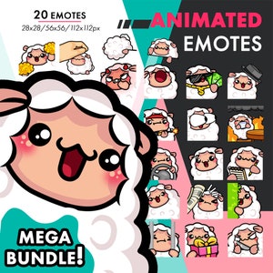 May include: A set of 20 animated emotes featuring a cute white sheep with different expressions and actions. The emotes are available in various sizes, including 28x28, 56x56, 112x112 pixels. The emotes are perfect for adding personality to your online chats and streams.
