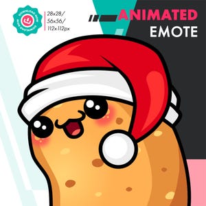 以下が含まれることがあります： 白い縁取りのある赤いサンタ帽をかぶった、漫画のジャガイモ。ジャガイモは、大きな目と満面の笑みを浮かべて、幸せな表情をしています。背景は白黒です。