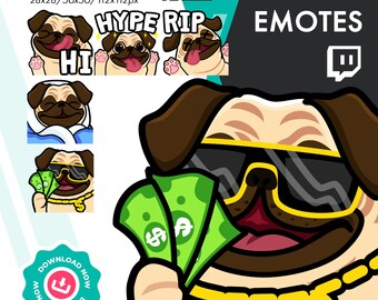 Pug Emote Pack | 5 Cute Dog RIP, Hi, Hype Emote for Twitch Youtube Discord Streamers
