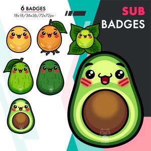 Avocado Sub Badges, 6 Cute Food Sub, Bit, Cheer Badges Pack for Twitch, Youtube, Discord, Kick Streamers