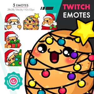 Christmas Potato Emotes Pack, 5 Cute Potato Christmas Gift, Tree, Fairy Lights Emote Set For Streamers