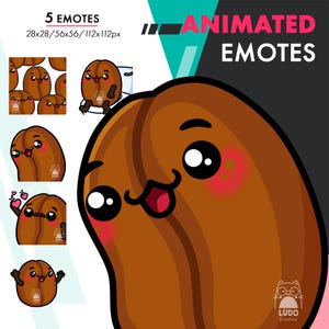 May include: A digital art graphic featuring five animated emotes with a brown bean-shaped character with a smiling face, rosy cheeks, and large eyes. The text "5 Emotes" and "Animated Emotes" are displayed. The Ludo Creative logo is in the bottom right corner.