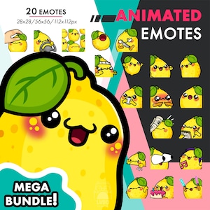 Mega Animated Lemon Emotes Pack, 20 Cute Food POP, Raid, Dance Emote Set For Twitch Streamers