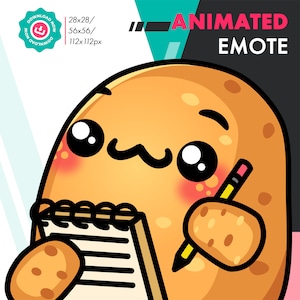 Animowana emotka ziemniaka, słodka emotka ziemniaka robiącego notatki dla Twitch Youtube Discord Kick Streamers