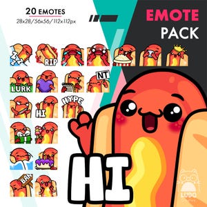 Mega Hotdog Emote Pack, 20 Cute Sausage Hi, Hype, Noted Still Emote Set for Twitch, Youtube, Kick, Discord Streamers