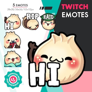 May include: Five Twitch emotes featuring a cartoon dumpling character in various poses. The emotes include "HI", "RIP", "RAID", and two other emotes with the dumpling character holding a drink and wrapped in a blanket. The emotes are available for download.