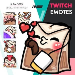 Könnte beinhalten: Fünf Twitch-Emotes mit einem Cartoon-Braunen Papierbeutel mit einem Gesicht. Die Emotes zeigen den Beutel mit verschiedenen Ausdrücken, darunter ein überraschtes Gesicht, ein schlafendes Gesicht, ein errötendes Gesicht, ein Gesicht mit Herzen und ein Gesicht mit einem Verbotszeichen.
