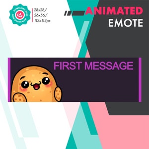 Puede incluir: Emoticono animado con una patata de dibujos animados con una expresión feliz. La patata está saludando y tiene un rubor en las mejillas. El texto "PRIMER MENSAJE" se muestra en morado sobre un fondo oscuro.