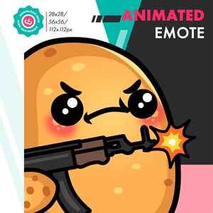 May include: A cartoon potato with a red blush on its cheeks is holding a black assault rifle and firing it. The potato has a serious expression on its face with angry eyebrows and big, round eyes. The background is a black and pink color scheme with the text "ANIMATED EMOTE" in white.