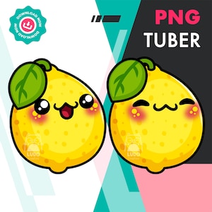 May include: Two cartoon lemons with smiling faces, green leaves, and rosy cheeks. The lemons are yellow with black outlines and a logo that says "Ludo Creative". The text "PNG TUBER" is in pink and white. A download now button is in the top left corner.
