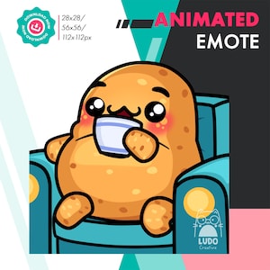 Puede incluir: Emoticón animado con un personaje de dibujos animados de patata con mejillas rosadas, sosteniendo una taza mientras está sentado en un sillón azul. La imagen incluye el texto "ANIMATED EMOTE" y un icono de descarga.