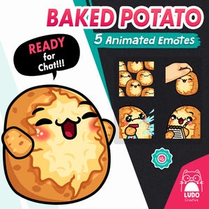 May include: A digital graphic set titled BAKED POTATO 5 Animated Emotes featuring a cartoon potato character with a happy expression. The set includes five variations of the potato character, including one writing on a notepad and one being patted.