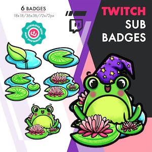 Twitch Sub Badges | 6 Cute Lily Pad Frog Sub Bit Cheer Badges Pack for Streamers