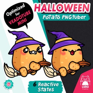 May include: A digital graphic set featuring a cartoon potato character wearing a purple witch hat and riding a broomstick. The text reads Halloween Potato PNGtuber, Optimized for VEADOTUBE MINI, and 6 Reactive States. Includes a Ludo Creative logo.