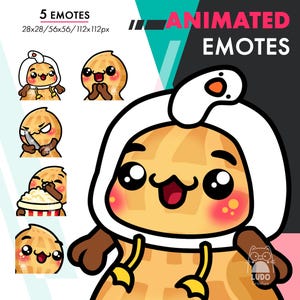 Peut inclure: Ensemble d'emotes animées représentant un personnage d'arachide de dessin animé avec diverses expressions. L'arachide porte une tenue à capuche blanche. Les emotes incluent l'arachide avec un couteau, mangeant du pop-corn et d'autres visages heureux et surpris.