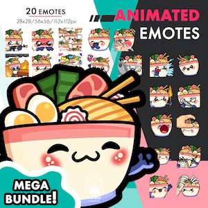 Puede incluir: Un conjunto de 20 emoticonos animados que representan un tazón de fideos ramen de dibujos animados lindo con varias expresiones. Los emoticonos están disponibles en tres tamaños: 28x28 píxeles, 56x56 píxeles y 112x112 píxeles. El texto "ANIMATED EMOTES" y "MEGA BUNDLE!" también se incluye en la imagen.