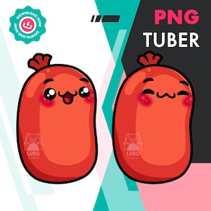 May include: Two cartoon illustrations of smiling red sausages with rosy cheeks. The sausages have cute facial expressions and are labeled "PNG TUBER". A "Download Now" badge is in the upper left corner. The Ludo Creative logo is at the bottom.
