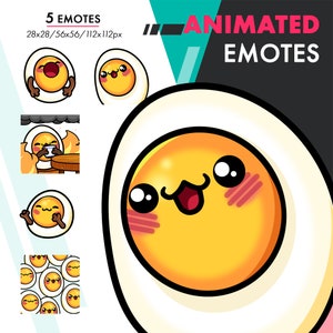 May include: Animated egg emote set with 5 different expressions. The egg is yellow with a white shell and has a cute cartoon face. The emotes include a happy egg, a blushing egg, a surprised egg, a crying egg, and an egg drinking tea.