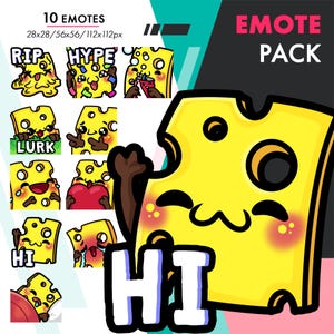 Cheese Emote Pack, 10 Cute Twitch Cheddar Slice Rip, Heart, Hype Emote Set for Streamers