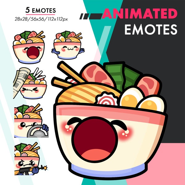 Animated Ramen Emotes Pack, 5 Cute Noodle Steering Wheel, Dance, Bonk Emote Set For Streamers