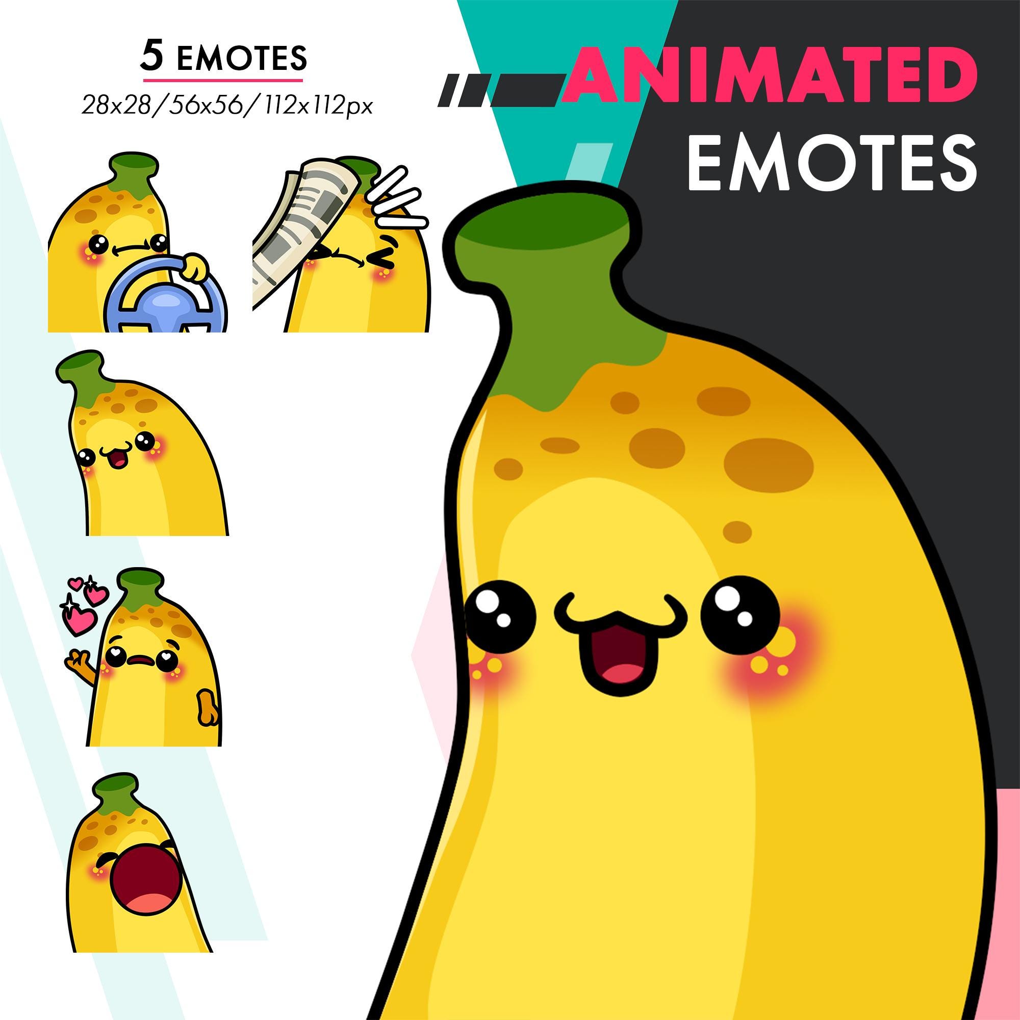 Animated Banana Emotes Pack, 5 Cute Food Wiggle, Steering Wheel, POP Emote Set For Streamers