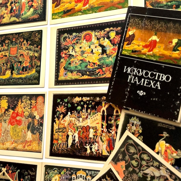 Russian Art Postcard Set of 16, Black Palekh Bureev Kovalev Khodov Yermolayev