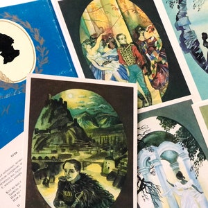 Mikhail Lermontov, ansichtkaartenset van 16, Russische poëziecadeaus, Sovjet vintage ansichtkaarten, kunstenaar Leonid Nepomnyashchiy
