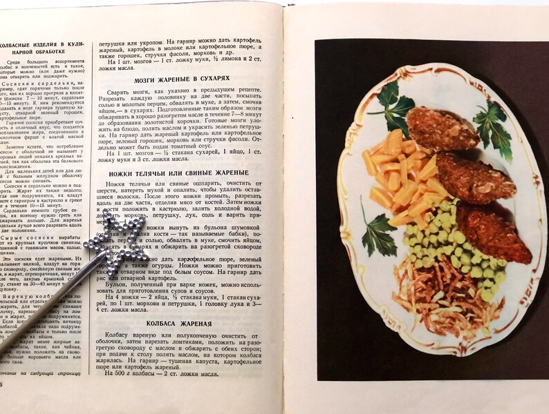 May include: A vintage cookbook open to a page with a recipe for fried brains. The recipe is written in Russian. The page also includes a photo of a plate of fried brains with peas, french fries, and parsley.