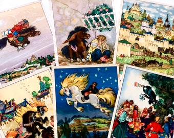 Set of 6 Unused Postcards, Little Humpbacked Horse by P Yershov, USSR Fairy Tale Art, Artist N Kochergin, Post Cards 1961