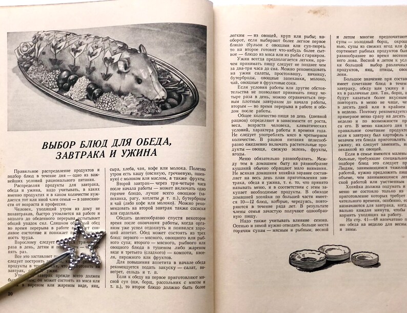 May include: A vintage cookbook open to a page titled "Choice of Dishes for Lunch, Breakfast and Dinner". The page features a black and white illustration of a roasted pig with vegetables and herbs on a silver platter.