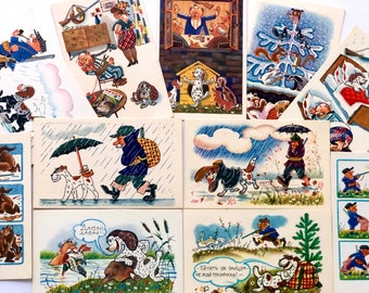 Fisherman Hunting, USSR Postcards 1968, Illustration Artist Orlov and Schwartz, Vintage Postcard Pack of 11