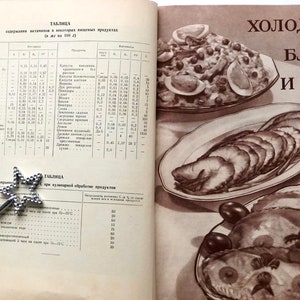 May include: A vintage cookbook open to a page with a table listing the vitamin content of various foods. The page also features a photo of a plate of sliced smoked fish and a plate of a salad with peas, eggs, and other ingredients. The text on the page reads "ХОЛОДНЫ БЛЮДА И ЗАКУ".