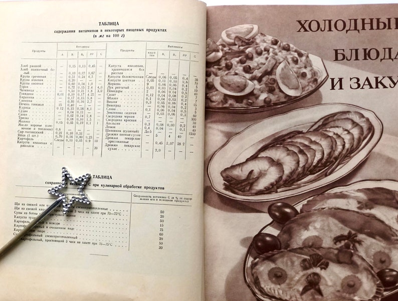 May include: A vintage cookbook open to a page with a table listing the vitamin content of various foods. The page also features a photo of a plate of sliced smoked fish and a plate of a salad with peas, eggs, and other ingredients. The text on the page reads "ХОЛОДНЫ БЛЮДА И ЗАКУ".