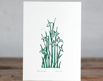Impresión de campanillas de invierno. Linograbado impreso a mano.
