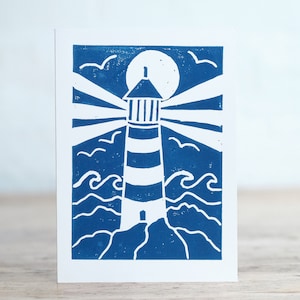 Handmade Linoprint Card (Lighthouse in Blue)