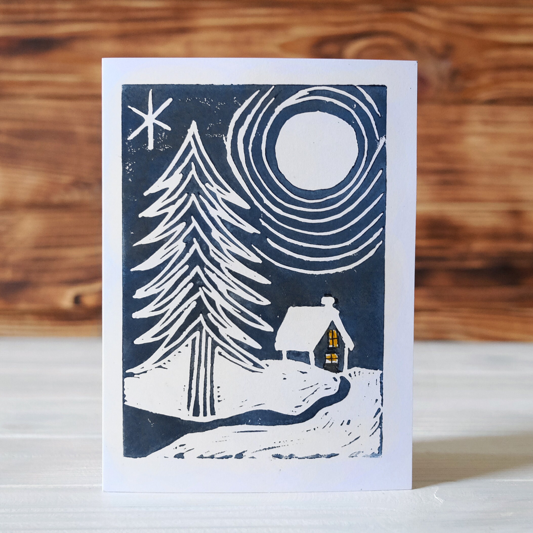 Handmade Lino Print Card Fir Tree In The Snow Etsy